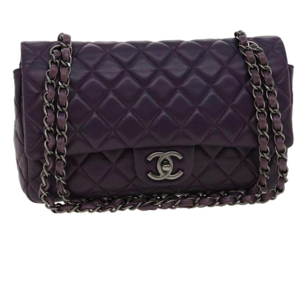 Authentic CHANEL Matelasse Double Flap Chain Shoulder Bag Lamb Skin Purple